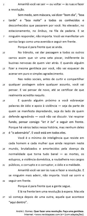 Texto “Quer fazer uma revolução? Faça uma gentileza!”, de André J. Gomes, em uma questão sobre o verbo “vir”.