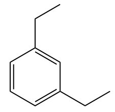 Estrutura utilizada na nomenclatura do hidrocarboneto 1,3-dietilbenzeno/meta-dietilbenzeno/m-dietilbenzeno, um aromático.