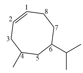 Estrutura utilizada na nomenclatura do hidrocarboneto 6-isopropil-4-metilciclo-octano, um cicloalceno.