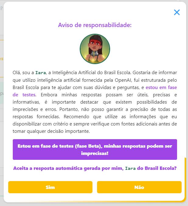 Página mostra aviso de responsabilidade sobre a Iara, Inteligência Artificial do Brasil Escola 