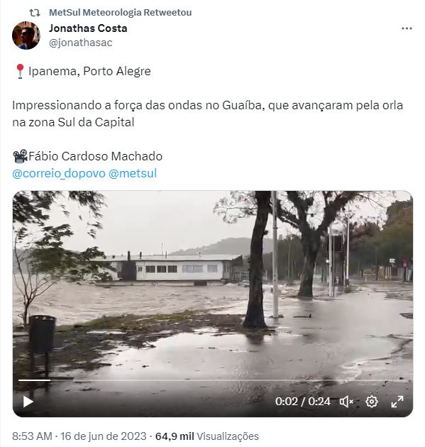 Tweet sobre o ciclone no Rio Grande do Sul