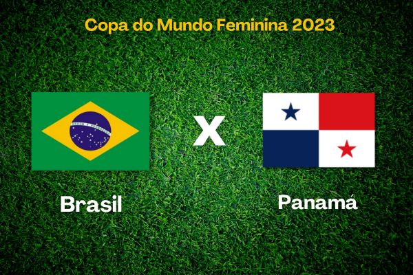 Campo de futebol ao fundo, bandeiras do Brasil e do Panamá. Texto Copa do Mundo Feminina 2023