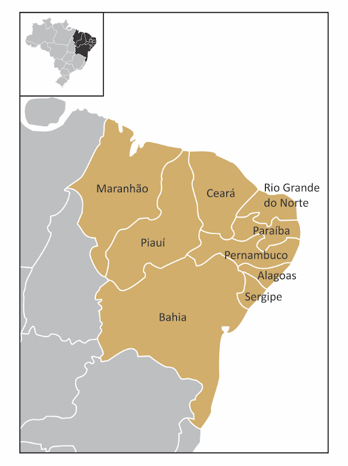 O mapa em detalhe indica a localização dos estados do Nordeste no território brasileiro.