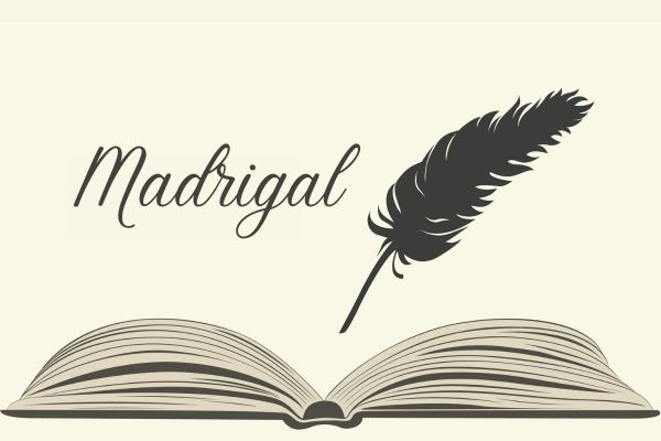 Pena de escrever sobre livro aberto; ao lado da pena, lê-se: “Madrigal”.