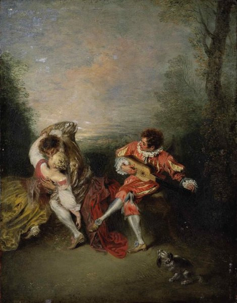 A surpresa, de Jean-Antoine Watteau, possui caráter hedonista e é uma obra do rococó.