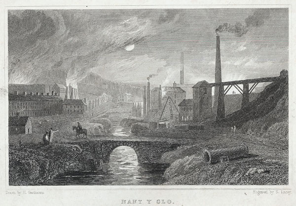 Gravura do início da década de 1830 mostra fábricas e chaminés na paisagem urbana inglesa.