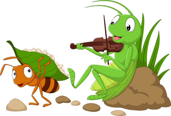 Ilustração dos personagens da fábula A cigarra e a formiga.