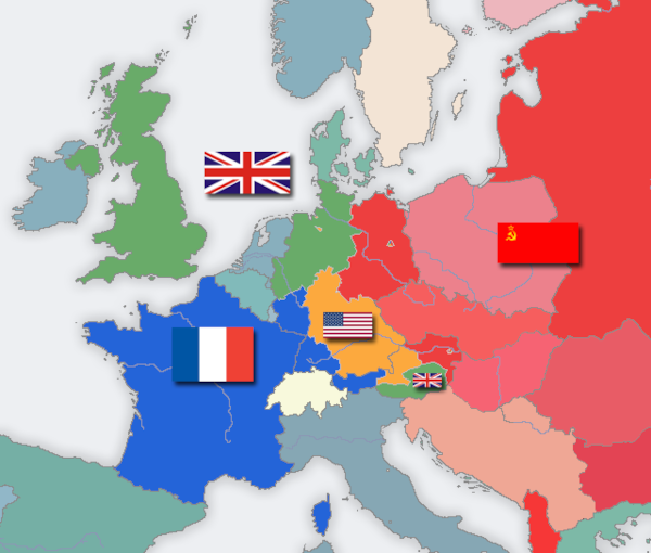 Mapa com a reorganização territorial europeia após a derrota nazista, uma das consequências da Segunda Guerra Mundial.