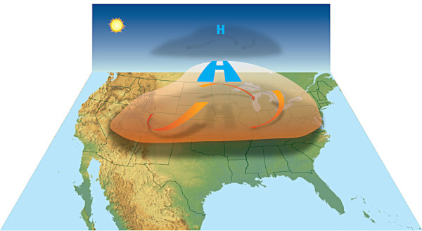 Exemplo de sistema de alta pressão formador de uma onda de calor sobre o território dos Estados Unidos.