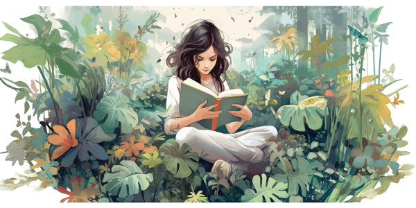 Ilustração traz menina lendo um livro em meio a plantas diversas.