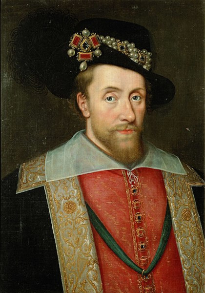 Retrato de Jamie Stuart (Jamie I), o escocês cujo reinado na Inglaterra culminou na Revolução Inglesa.
