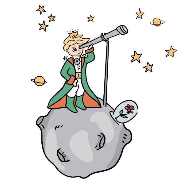 Ilustração do pequeno príncipe, olhando o céu com um telescópio, próximo à rosa que exige todo o seu cuidado.