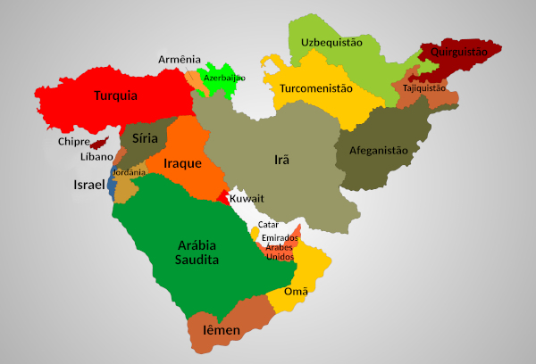 Mapa dos países do Oriente Médio.