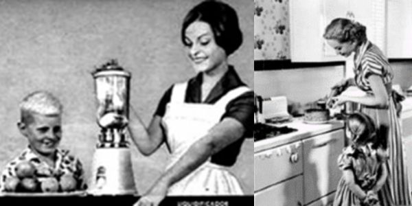 Mulheres e crianças felizes em anúncios antigos de eletrodomésticos, em exercícios sobre o american way of life.