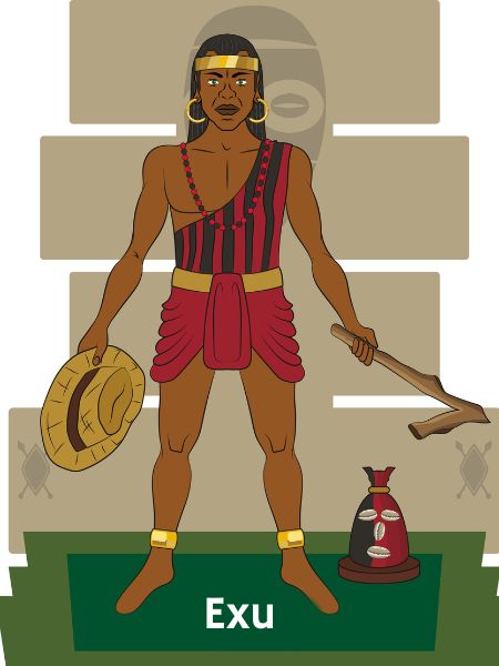 Representação do orixá Exu: um homem negro vestido de vermelho e preto segurando um cajado e um chapéu.