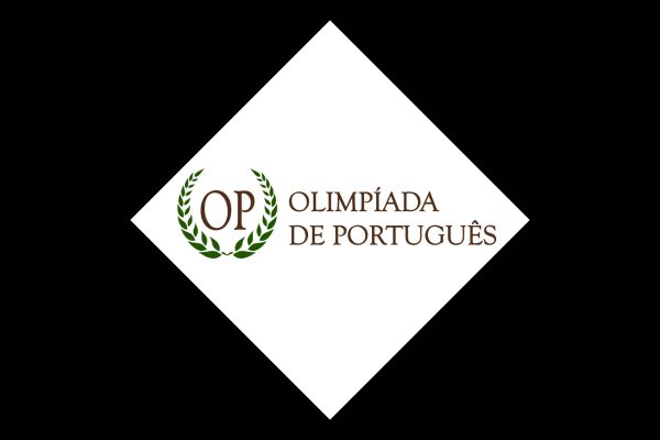 Simbolo da Olimpíada de português em losango branco no fundo preto