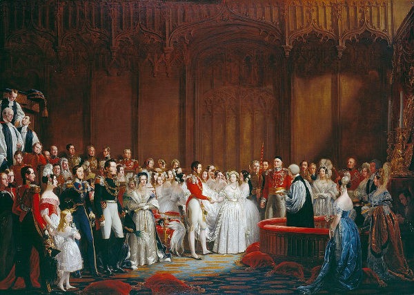 Pintura oficial do casamento da rainha Vitória com o príncipe Alberto em 1840.