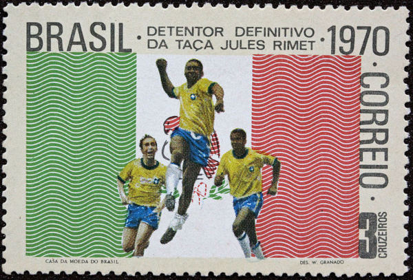 Selo comemorativo emitido nos anos 70 devido à vitória do Brasil na Copa do Mundo de 1970.