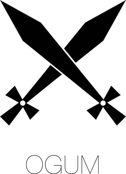 Duas espadas losagulares cruzadas sobre o nome de Ogum.