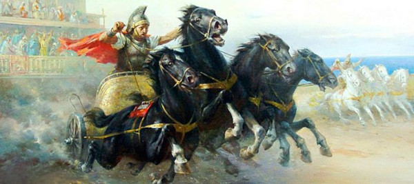 Pintura representando competidor em biga com quatro cavalos, uma alusão à história do hipismo.