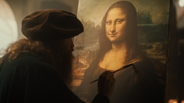 Imagem representativa de Leonardo da Vinci pintando a “Mona Lisa”.
