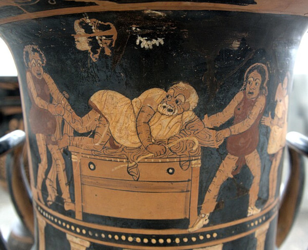 Cena de uma peça do teatro romano na qual três homens roubam um avarento, um exemplo da arte romana.