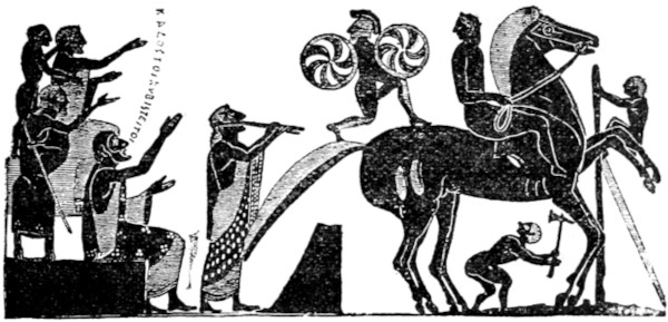 Representação iconográfica em preto e branco com seres humanos e um grande cavalo, uma alusão ao hipismo.