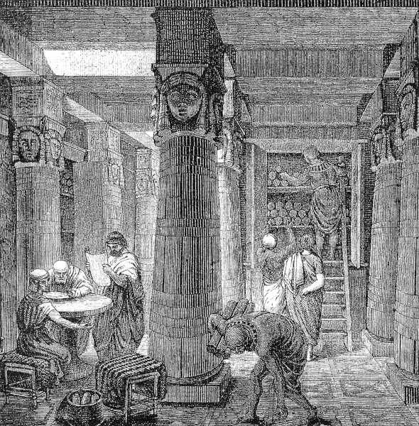 Ilustração da biblioteca de Alexandria, um dos símbolos do Período Helenístico.