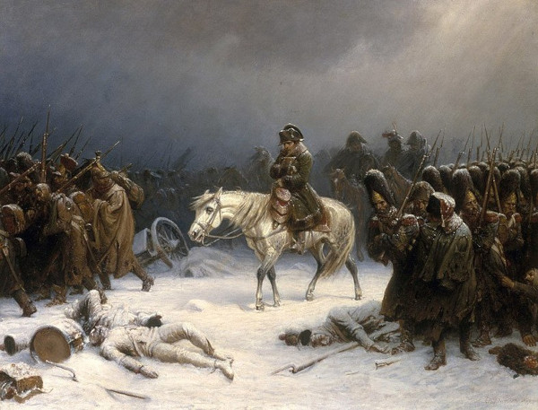 Pintura retratando Napoleão e suas tropas no inverno russo, durante as Guerras Napoleônicas.