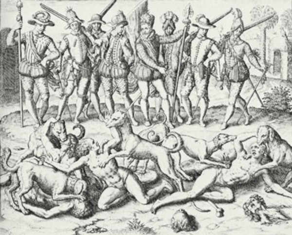 Execução de indígenas, um crime de homofobia registrado em gravura do século XVI.