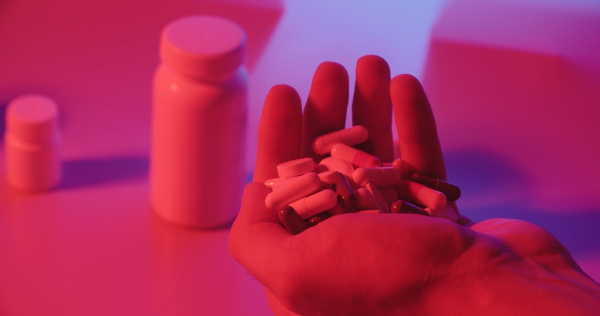 Pessoa com vários medicamentos na mão, uma alusão à obra “Admirável Mundo Novo”, um exemplo de distopia nos livros.