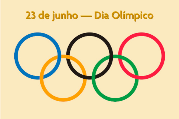 Anéis olímpicos abaixo do escrito “23 de junho — Dia Olímpico”.