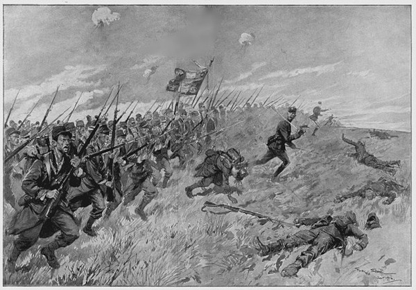 Desenho de Georges Scott representando a Batalha das Fronteira, uma das batalhas da Primeira Guerra Mundial