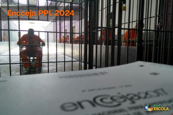Candidato em unidade prisional fazendo prova do Encceja, texto Encceja PPL 2024