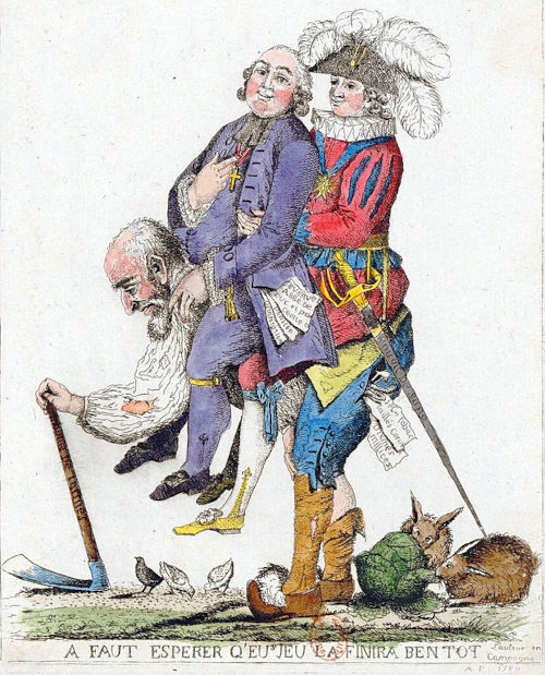 Ilustração da forma como o Terceiro Estado carrega o clero e a nobreza nas costas, uma das causas da Revolução Francesa.