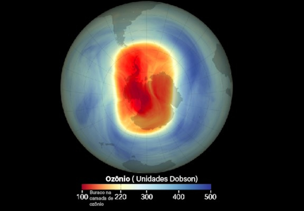 Imagem capturada pela Nasa mostrando um dos picos do buraco na camada de ozônio atingidos em setembro de 2023.