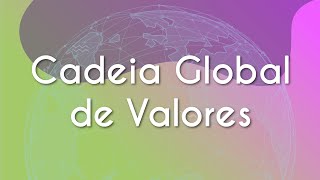 Título "Cadeia global de valores" escrito sobre fundo verde e roxo com ilustração do planeta terra.