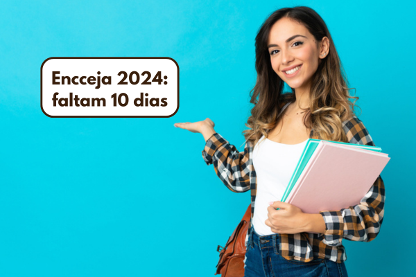 Estudante morena sorrindo e apontando para o lado esquerdo. Na imagem, está escrito: Faltam 10 dias para o Encceja 2024