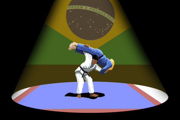 Judoca mulher aplicando o golpe kataguruma em outra lutadora. No fundo, uma luz com a Bandeira do Brasil.