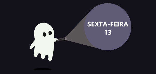 Ilustração de um fantasma com uma lanterna apontando para a frase "sexta-feira 13"