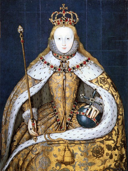 Representação de Elizabeth I, a última rainha da Dinastia Tudor, usando suas vestes de coroação.