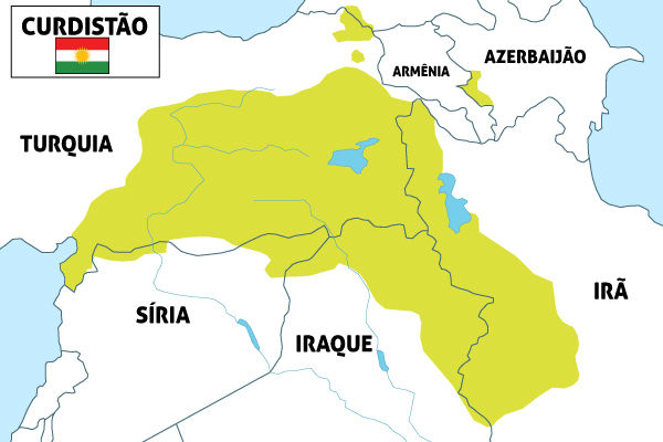 Mapa com a região estimada de reivindicação dos curdos para a criação do Curdistão.
