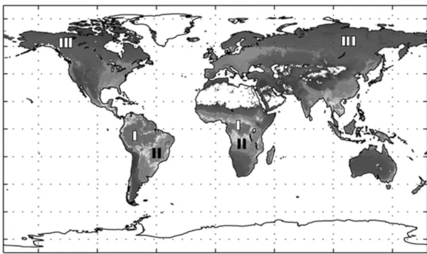 Mapa-múndi em uma questão da Unicamp sobre biomas.