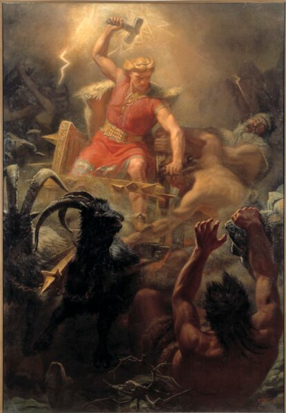 Thor, deus da mitologia nórdica, usando o Mjölnir contra seus adversários.