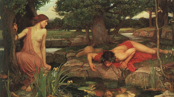 Narciso e Eco em uma floresta, em pintura de John William Waterhouse sobre o mito de Narciso.