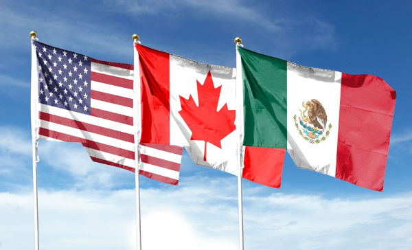 Bandeira dos três países da América do Norte: Estados Unidos, Canadá e México.