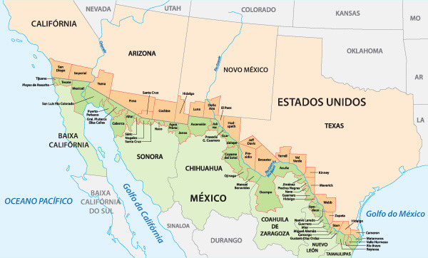 Mapa da fronteira do México com os Estados Unidos evidenciando as cidades e os estados fronteiriços.