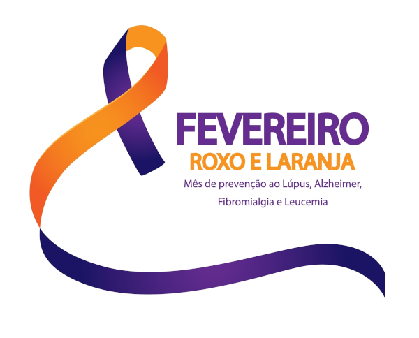 Laço roxo e laranja. Texto: Fevereiro Roxo e Laranja: mês de prevenção ao lúpus, Alzheimer, fibromialgia e leucemia.