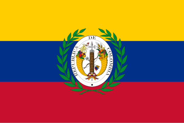 Bandeira da Grã-Colômbia, formada por três países da América Espanhola no processo de independência.