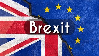 Título "Brexit" escrito sobre bandeiras do Reino Unido e da União Europeia, com um rachado separando-as ao meio, em alusão à saída do bloco.